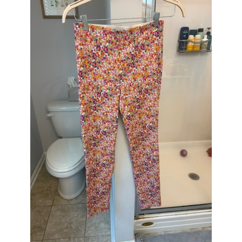 Sara Campbell Women's Small Floral Ankle Pants Pink Orange Stretch Slim Fit